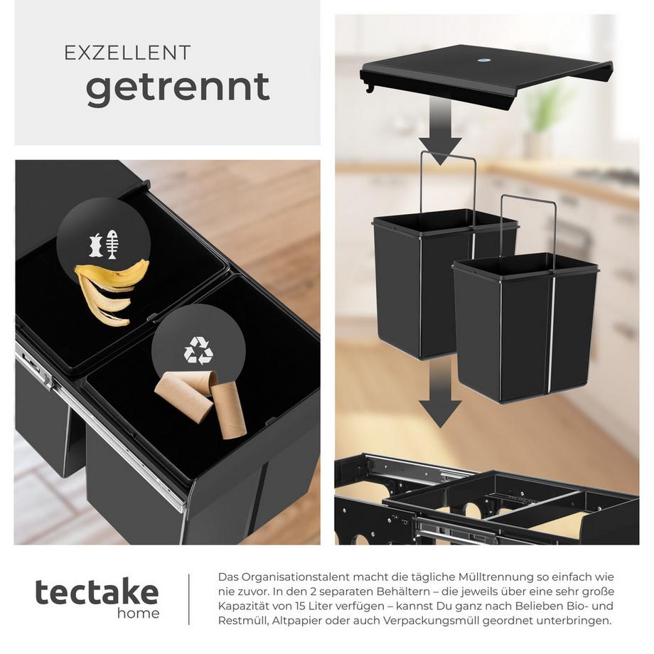 Tectake Contenitore per rifiuti Ashlyn 2 scomparti per la raccolta differenziata da 15 l  