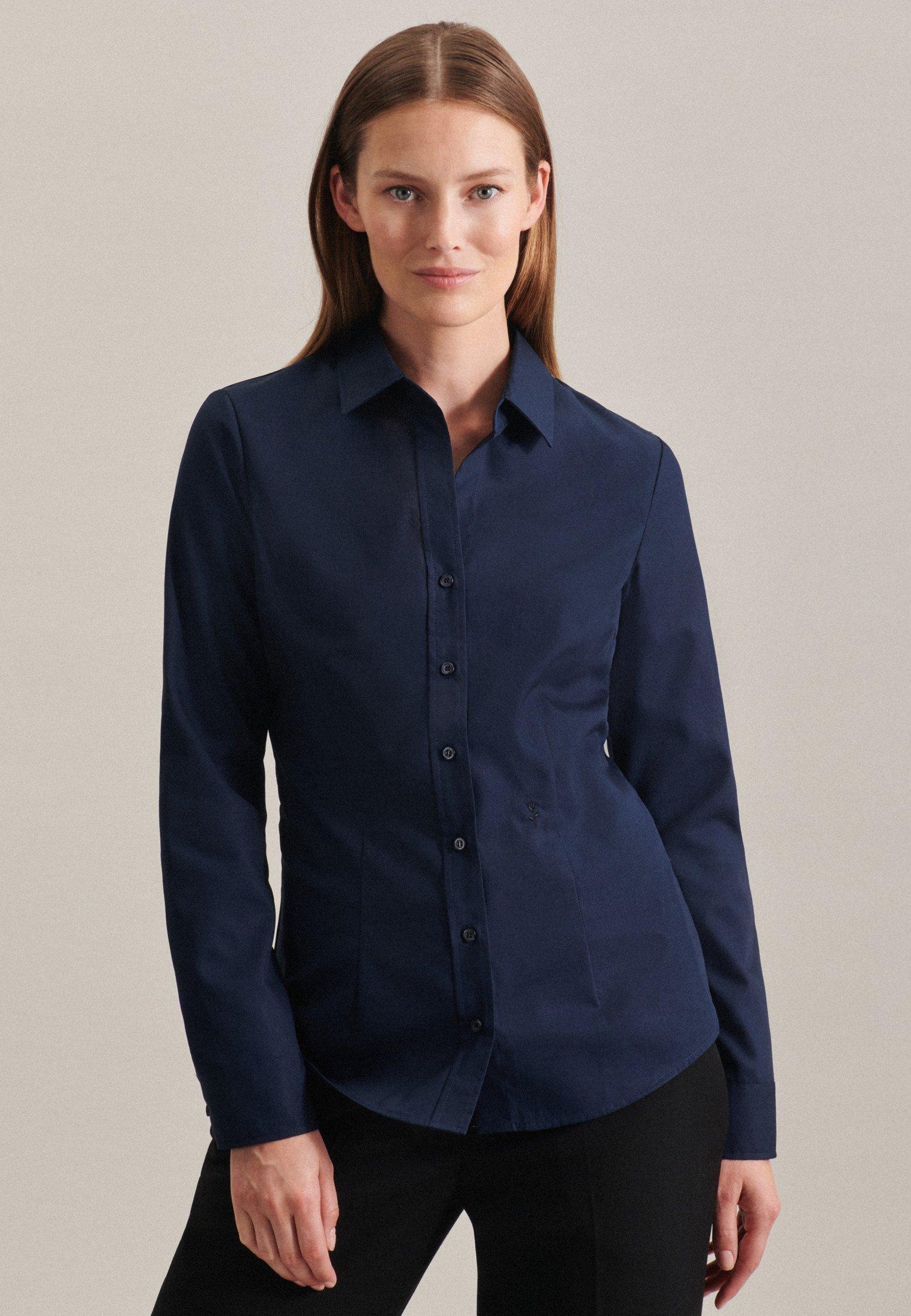 Image of Hemdbluse Uni Langarm Kragen Damen Marine 44