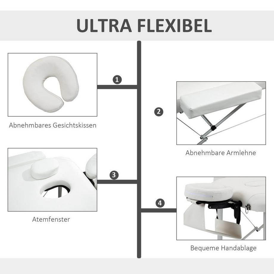 Northio klappbare Massageliege höhenverstellbar mit Kopfkissen für Salon & Spa, Kunststoff & Alu, Weiß, 215 x 60 x 61-84 cm  