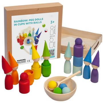 Großer Regenbogen Stift Puppen und Bälle in Tassen Waldorfpuppen sensorische Holzspiele für das Lernen Farben