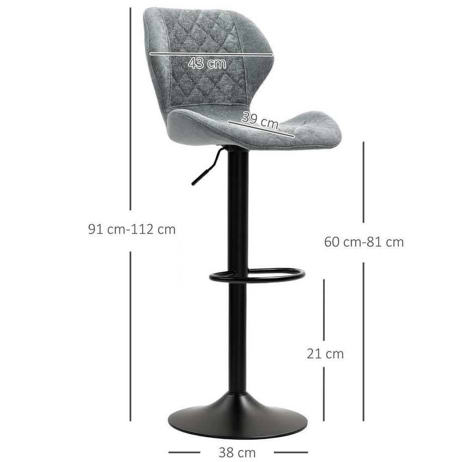 Northio Lot de 2 tabourets de bar, chaise de bar rembourrée avec dossier, aspect chenille, structure en acier, chaises de cuisine réglables en hauteur avec repose-pieds, tabouret de comptoir rotatif à 360° pour cuisine, salon, gris foncé  