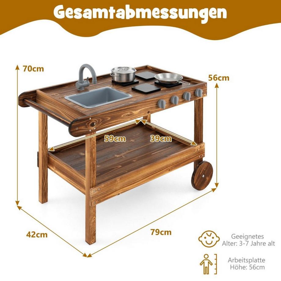 B2X  Outdoor-Spielküche mit 2 Rädern & 1 Schiebegriff & Drehbarem Wasserhahn & Abnehmbarem Waschbecken Tannenholz 