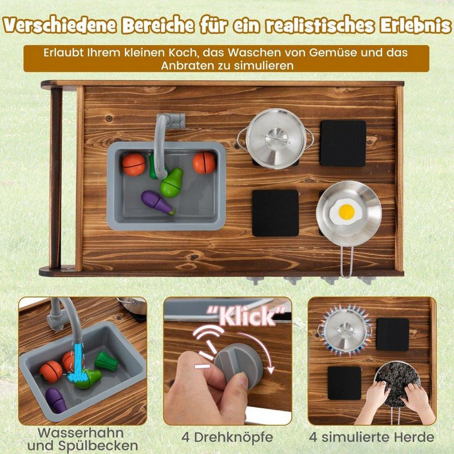 B2X  Outdoor-Spielküche mit 2 Rädern & 1 Schiebegriff & Drehbarem Wasserhahn & Abnehmbarem Waschbecken Tannenholz 