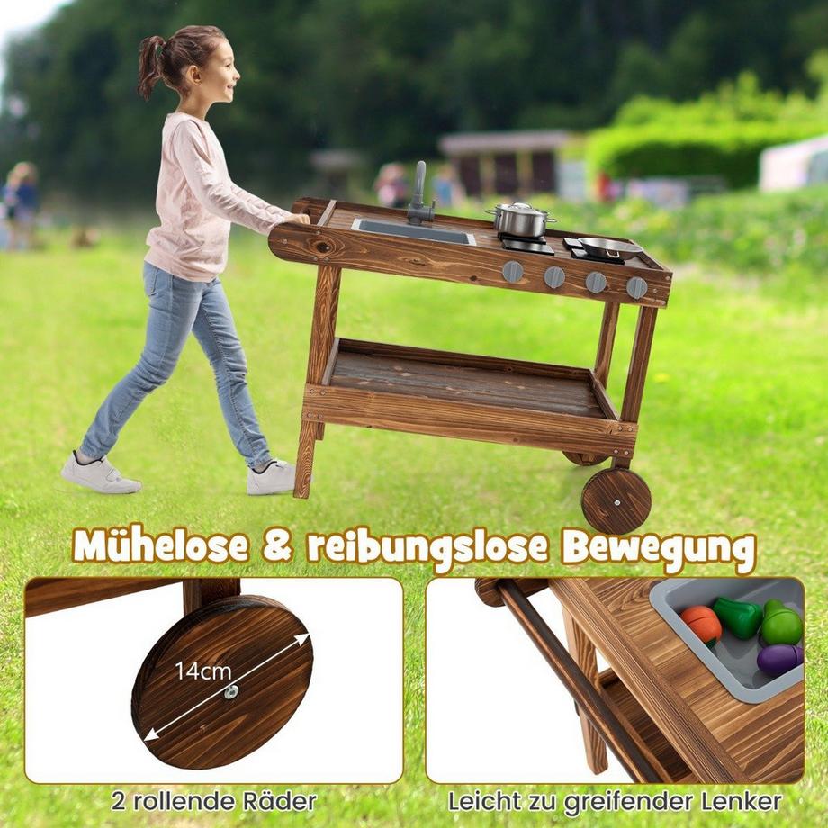 B2X  Outdoor-Spielküche mit 2 Rädern & 1 Schiebegriff & Drehbarem Wasserhahn & Abnehmbarem Waschbecken Tannenholz 