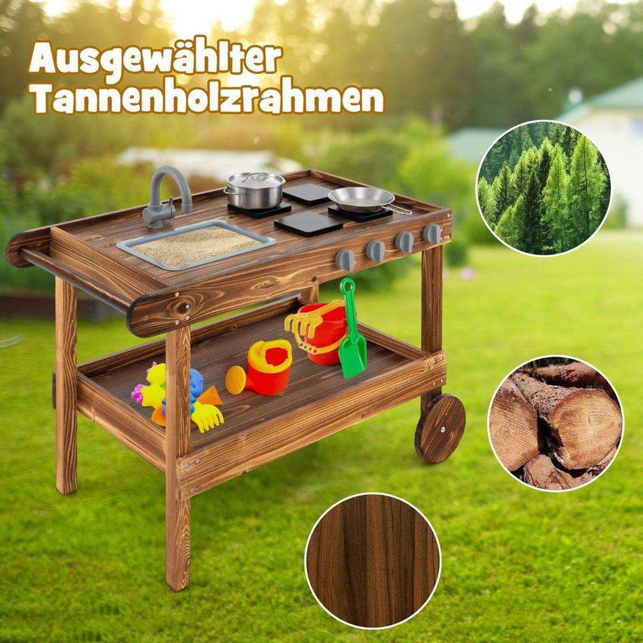 B2X  Outdoor-Spielküche mit 2 Rädern & 1 Schiebegriff & Drehbarem Wasserhahn & Abnehmbarem Waschbecken Tannenholz 
