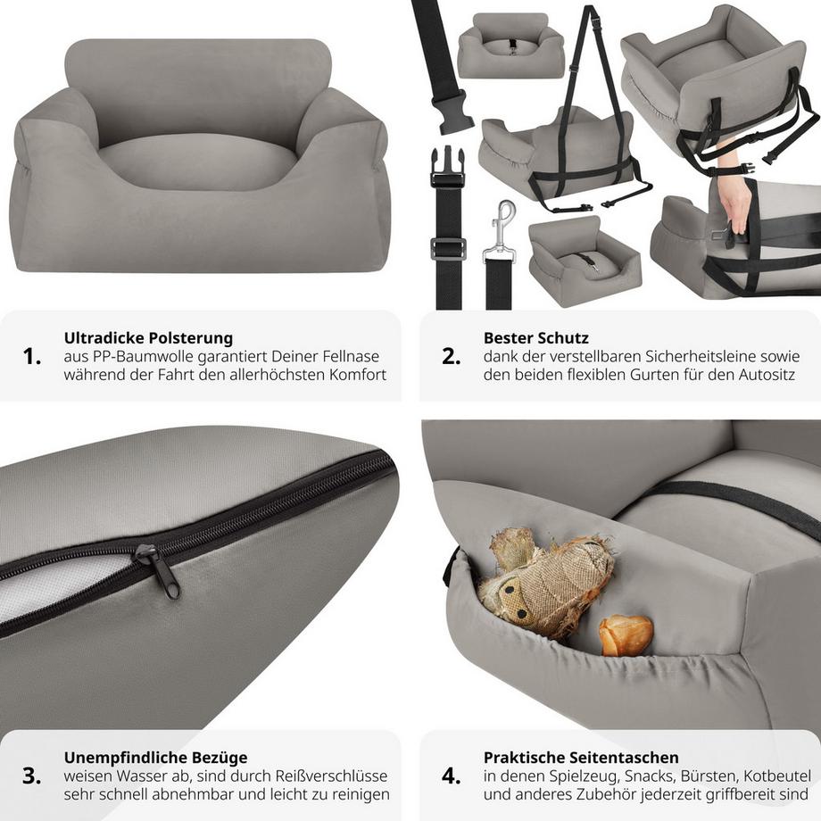 Tectake  Siège auto pour chien Milow avec une laisse de sécurité et 2 sangles de fixation réglables en longueur 