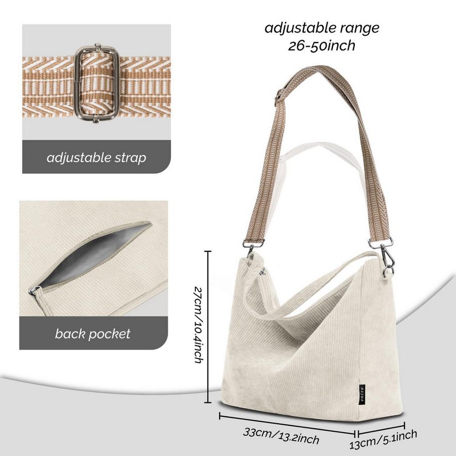 Only-bags.store Sac à bandoulière en velours côtelé avec fermeture éclair grand cabas sac à main  