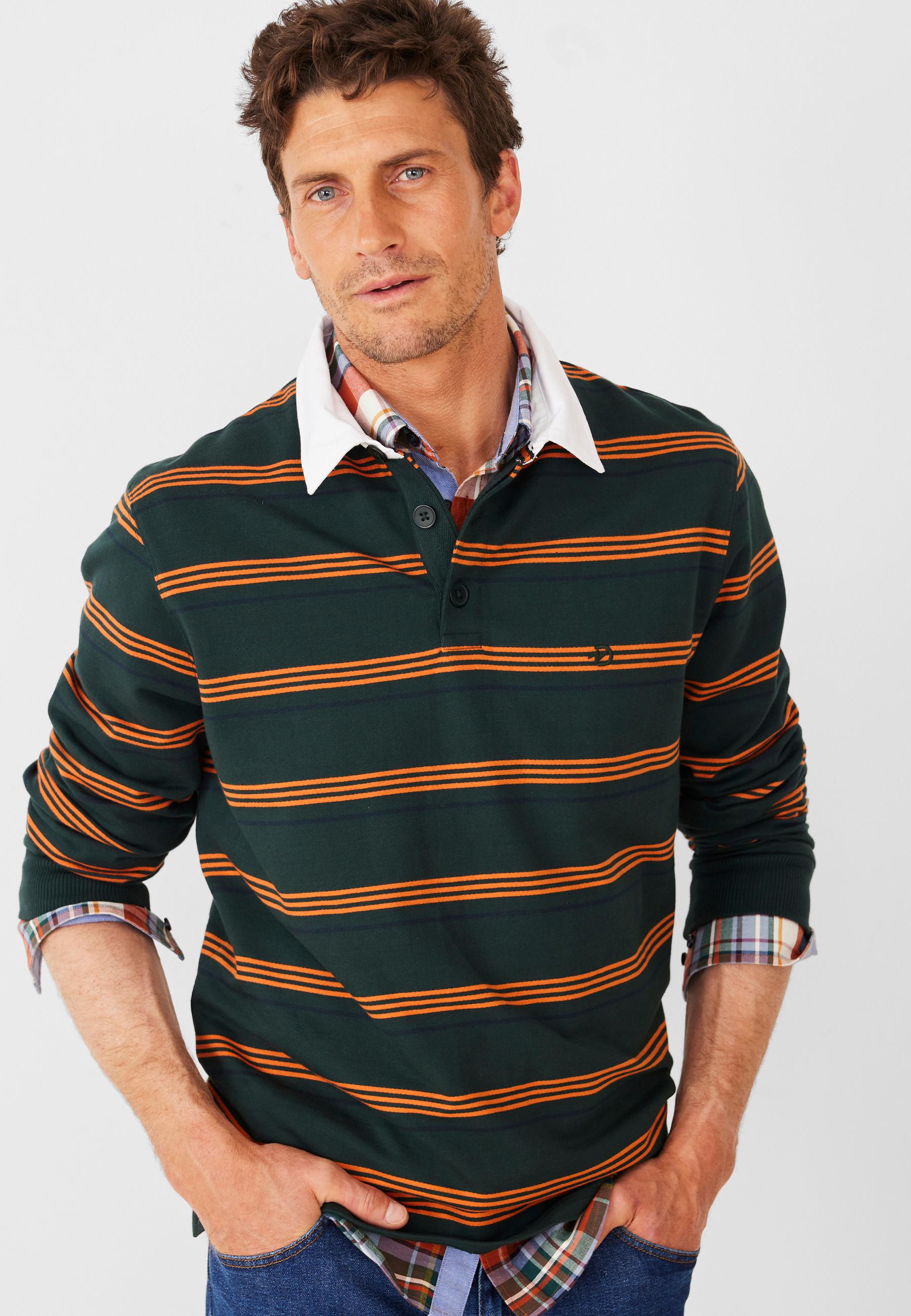 Image of Gestreiftes Polohemd Aus Reiner Baumwolle, Stickmotiv Im Brustbereich, Lange Ärmel. Unisex Grün XL