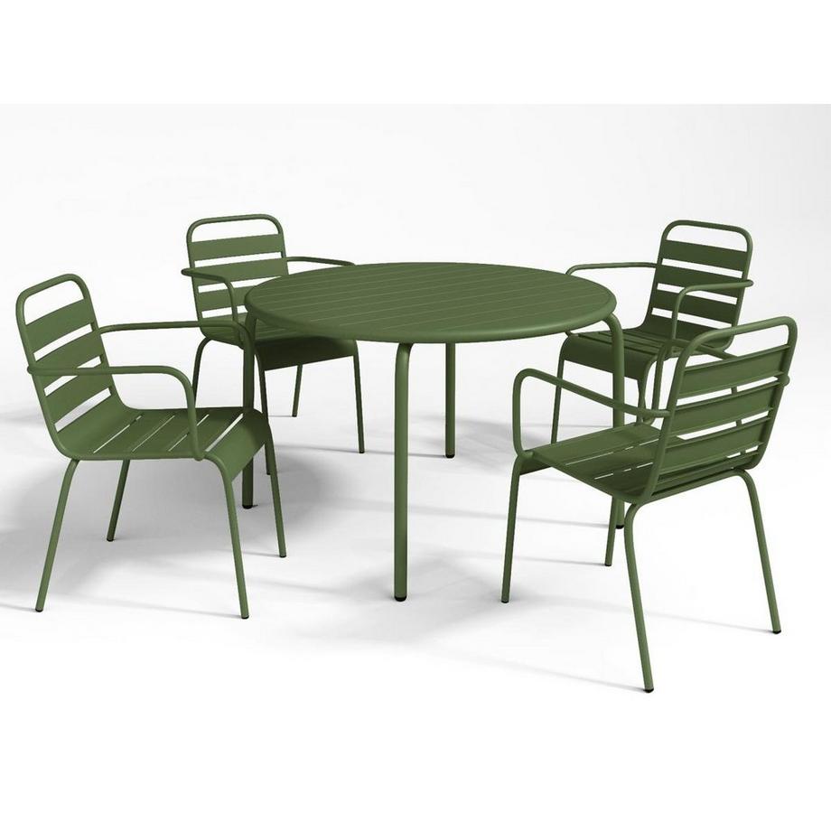 Vente-unique Garten-Essgruppe: Tisch D. 110 cm + 4 stapelbare Sessel - Metall - Khaki - MIRMANDE von MYLIA  