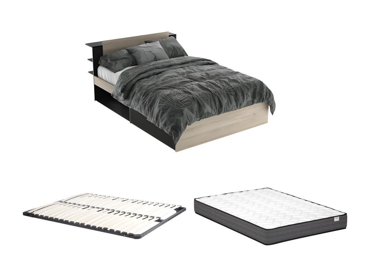 Image of Bett 140 x 200 cm mit Stauraum + Lattenrost + Matratze - Naturfarben & Schwarz - ERALIA Bett 140 x 200 cm mit Stauraum + Lattenrost + Matratze - Naturfarben & Schwarz - ERALIA