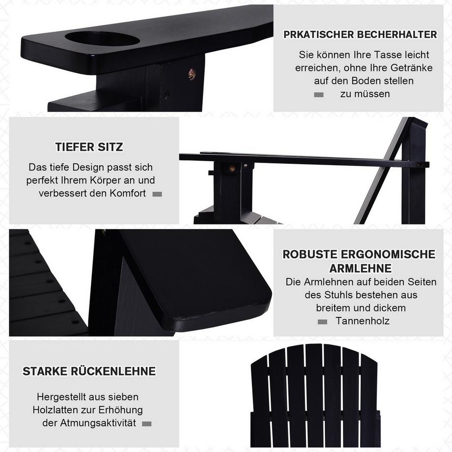 Northio Chaise de jardin Adirondack avec porte-gobelet, bois massif, noir, 72,5 x 97 x 93 cm, idéale pour le jardin et le balcon  