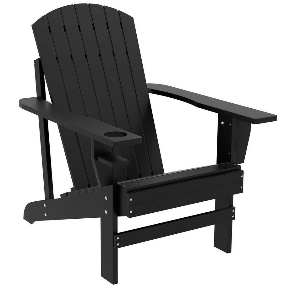 Chaise de jardin Adirondack avec porte-gobelet, bois massif, noir, 72,5 x 97 x 93 cm, idéale pour le jardin et le balcon