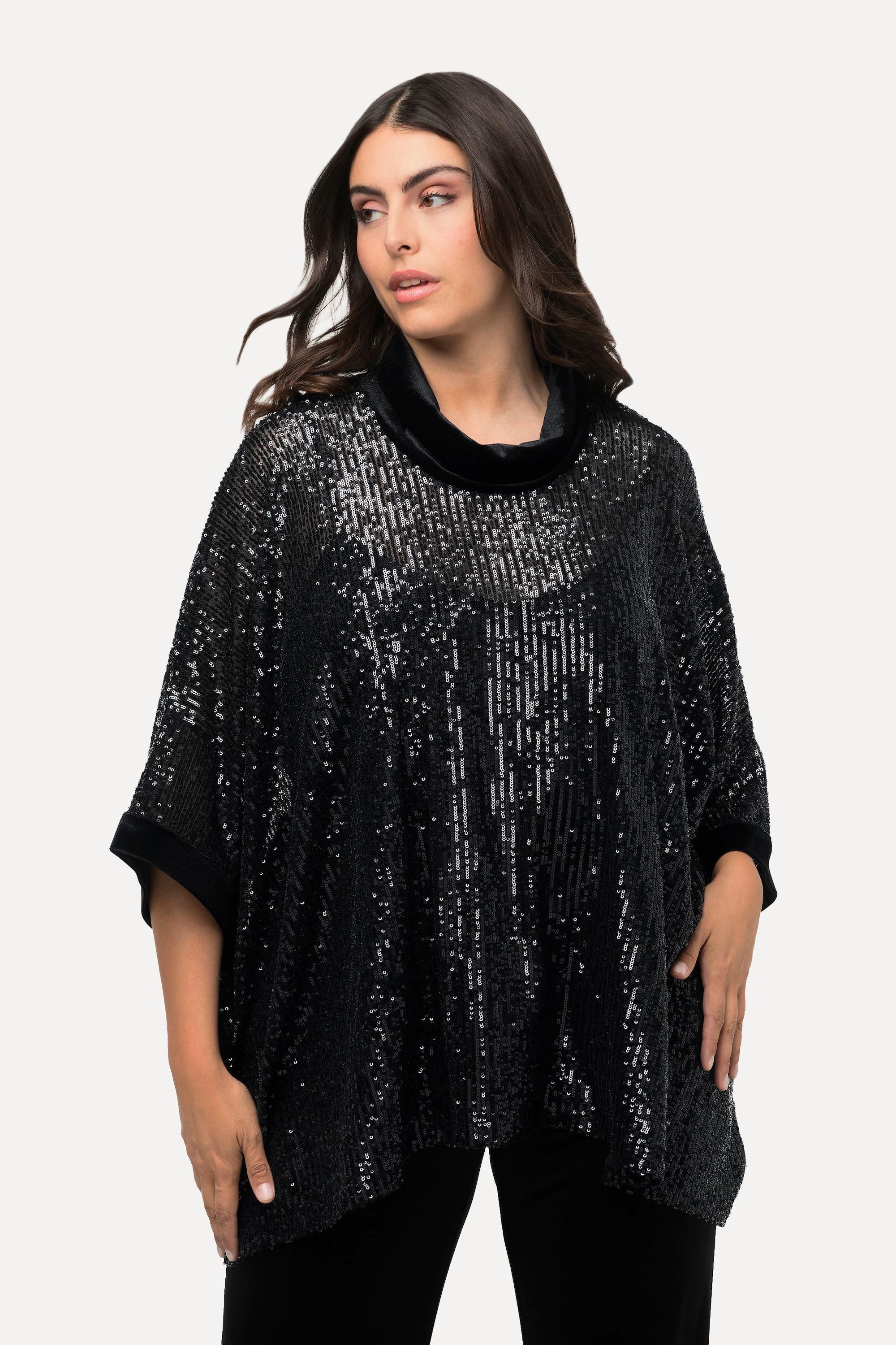 Ulla Popken  T-shirt oversized à paillettes, col roulé et manches courtes 