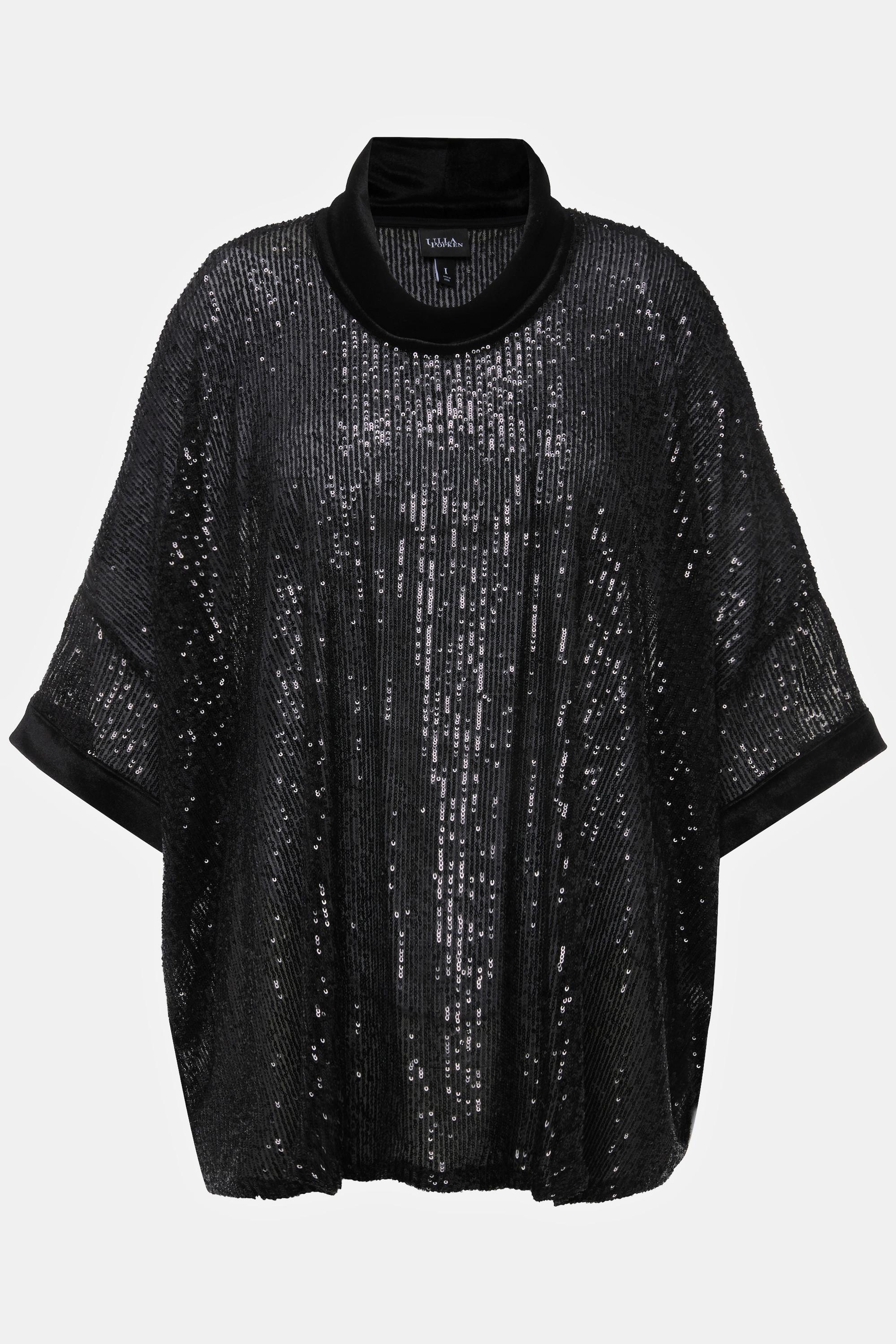 Ulla Popken  T-shirt oversized à paillettes, col roulé et manches courtes 