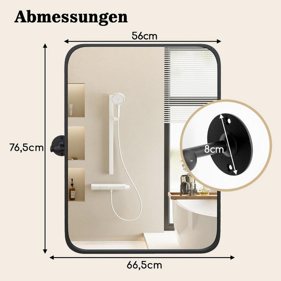 Northix 76,5 x 56 cm metallgerahmtes Wandspiegel kippbarer Badzimmerspiegel mit Wandhalterung Schwarz  