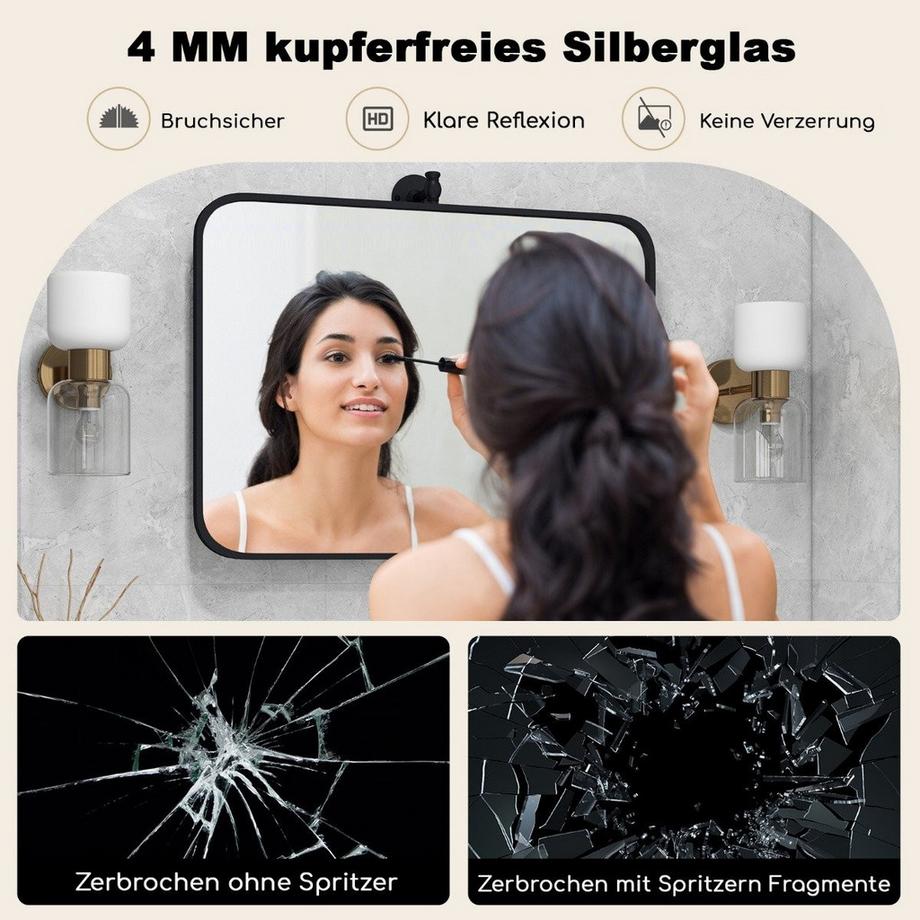 Northix 76,5 x 56 cm metallgerahmtes Wandspiegel kippbarer Badzimmerspiegel mit Wandhalterung Schwarz  