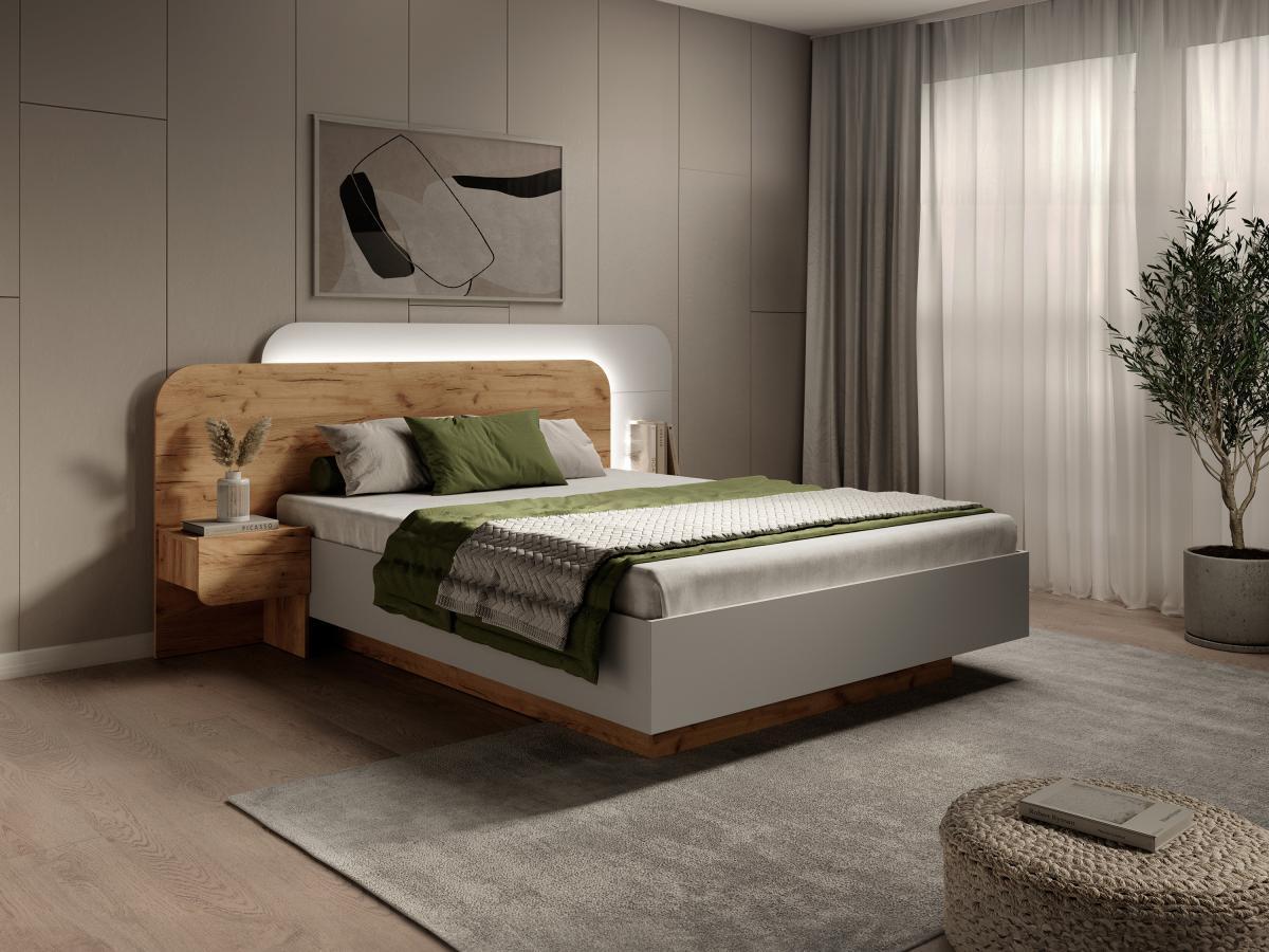 Vente-unique Letto con comodini 160 x 200 cm Con LED  Naturale e Bianco + Rete  - DESADO  