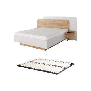 Vente-unique Bett mit Nachttischen + Lattenrost - 160 x 200 cm - Mit LED-Beleuchtung - Holzfarben & Weiß - DESADO  