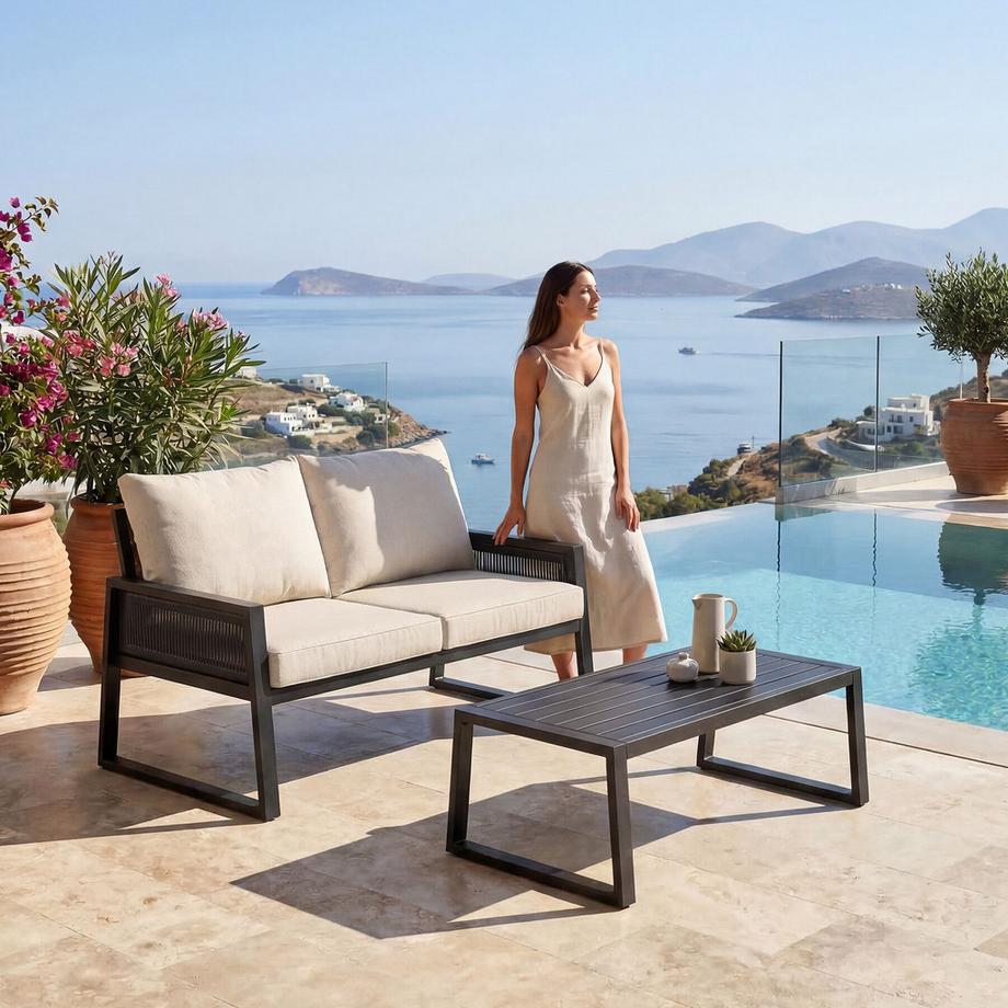 Tectake Aluminium Garten-Lounge Set Captive im Rope-Design 7 cm Sitzpolster, dicke Rückenkissen  