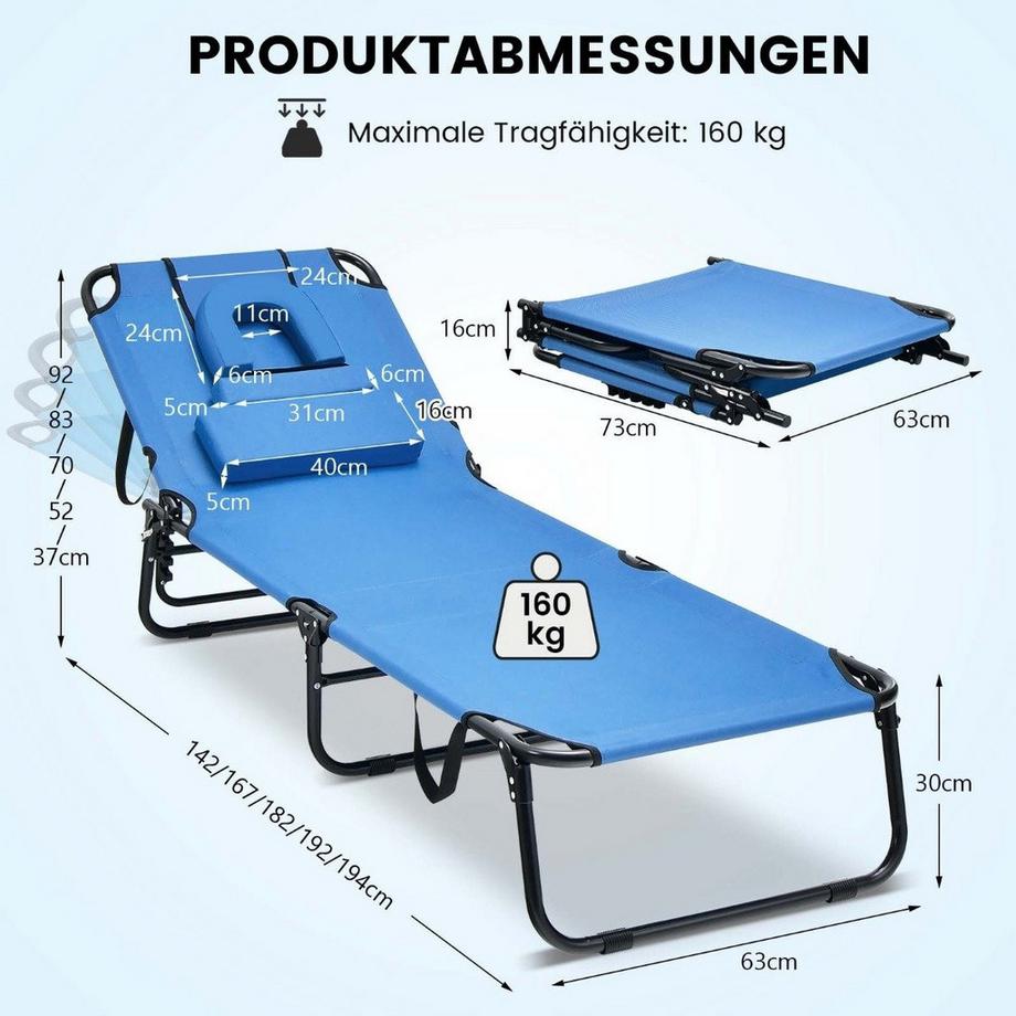 Northix Klappbarer Bräunungsstuhl Strandliege mit Gesichtsöffnung Blau  
