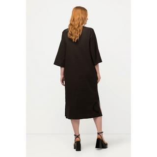 Ulla Popken  Midikleid, Leinenmix, Stickerei, V-Ausschnitt, 3/4-Arm 