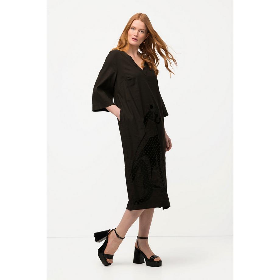 Ulla Popken Abito midi Misto lino Ricamo Scollo a V Maniche 3/4  