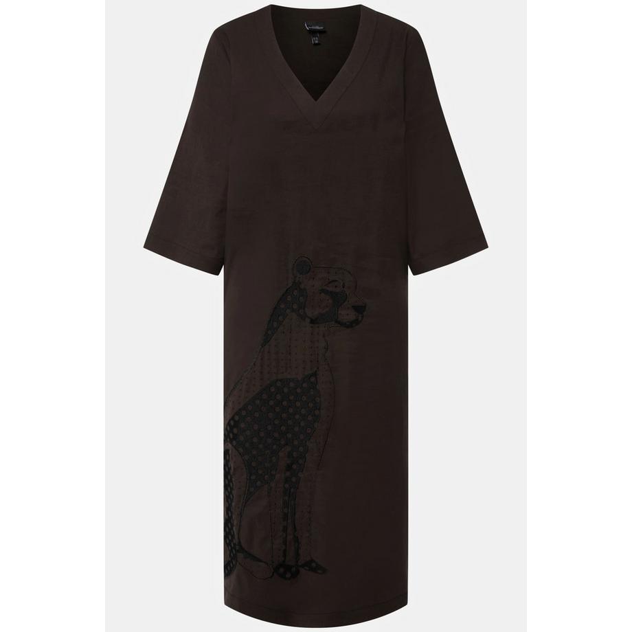 Ulla Popken Abito midi Misto lino Ricamo Scollo a V Maniche 3/4  