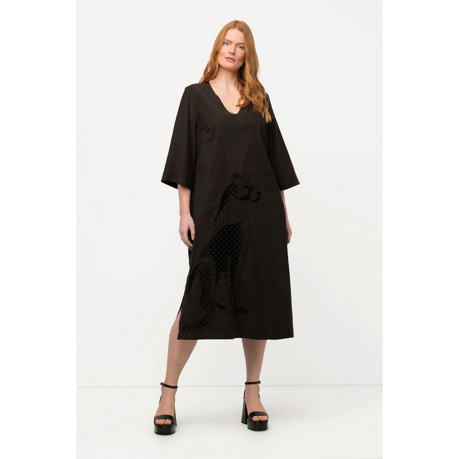 Ulla Popken Abito midi Misto lino Ricamo Scollo a V Maniche 3/4  