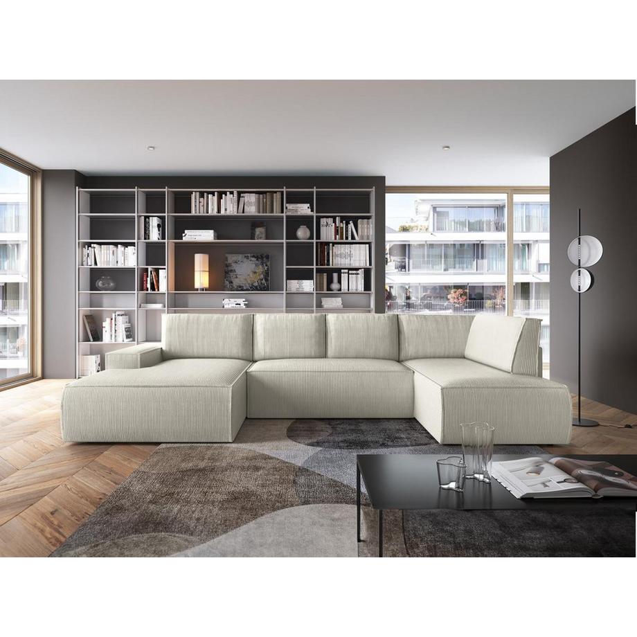 Vente-unique Grand canapé d'angle gauche panoramique convertible en velours côtelé beige AMELIA  