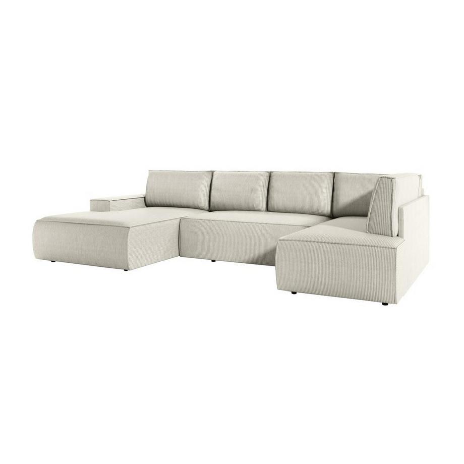 Vente-unique Grand canapé d'angle gauche panoramique convertible en velours côtelé beige AMELIA  