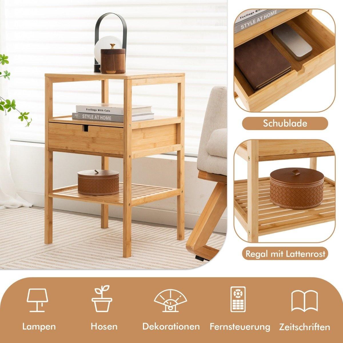 Northix 3-stufiger Nachttisch aus Bambus mit Schublade und Lattenregal Beistelltisch Natur  