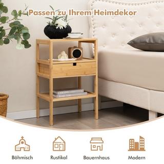 Northix 3-stufiger Nachttisch aus Bambus mit Schublade und Lattenregal Beistelltisch Natur  