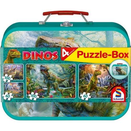 Schmidt  Dinos, Puzzle-Box, 2 x 60, 2  x100 Teile im Metallkoffer 