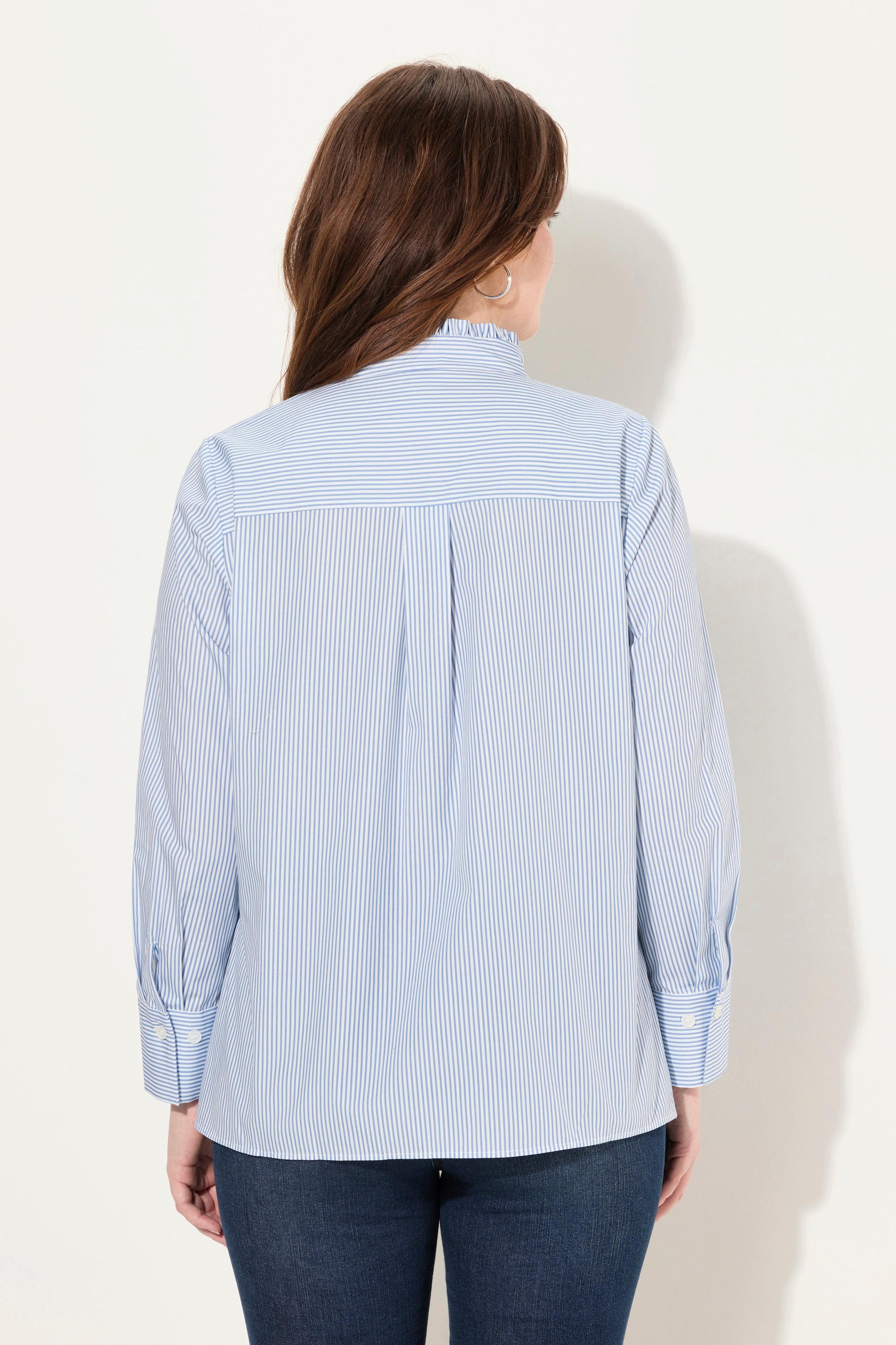 Ulla Popken  Blusa a righe con ruche, collo alla coreana, scollo a V e maniche lunghe 