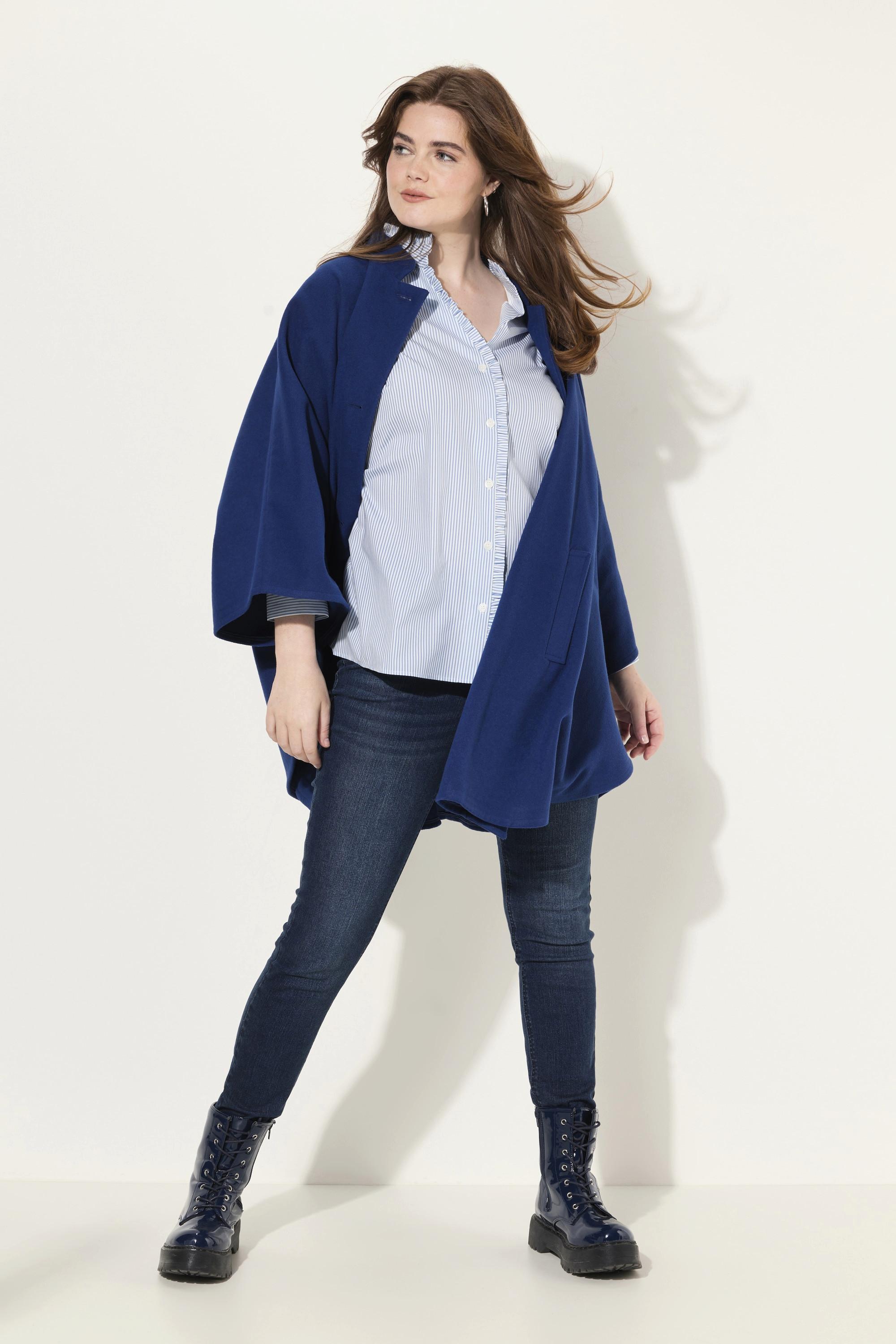 Ulla Popken  Blusa a righe con ruche, collo alla coreana, scollo a V e maniche lunghe 