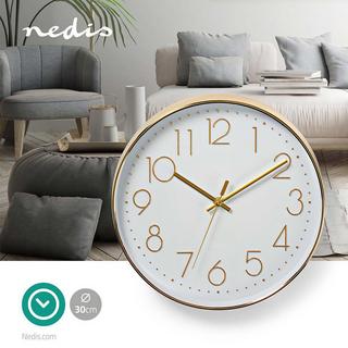 Nedis Horloge murale | Diamètre : 300 mm | Plastique | Or / Blanc  