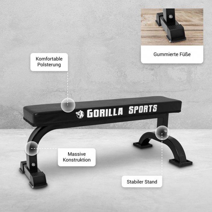 Gorilla Sports  BANC DE MUSCULATION PLAT AVEC LOGO | COULEUR NOIR 