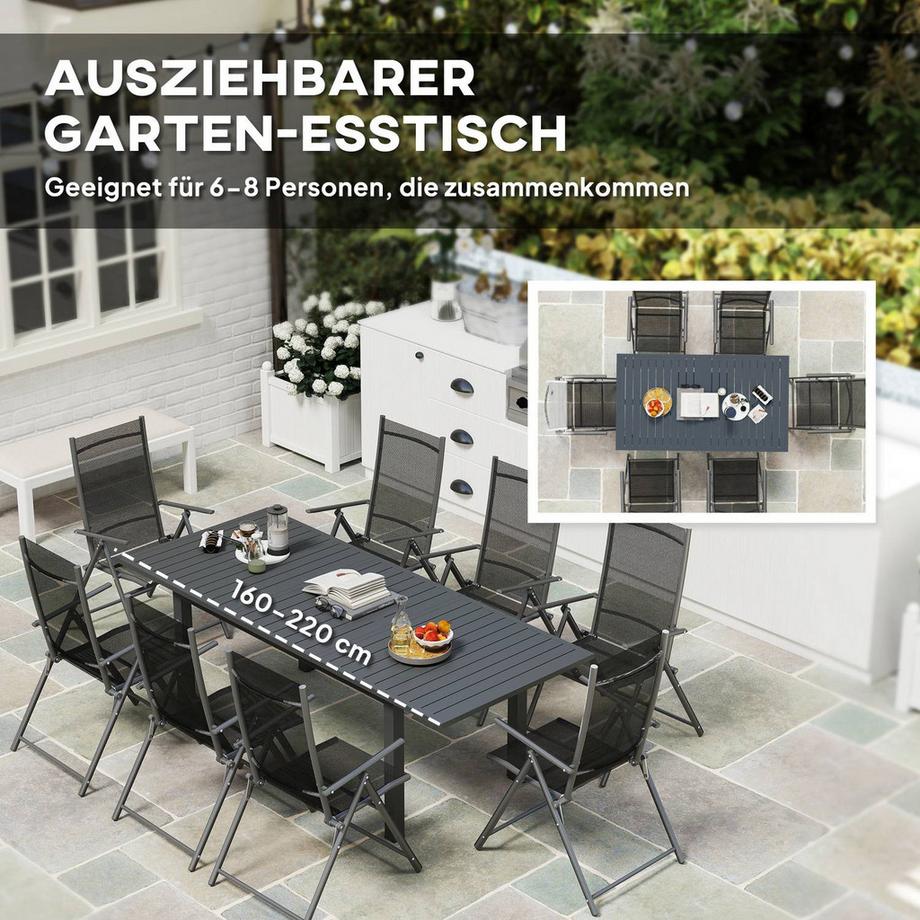 Northio Gartentisch Erweitert Aluminium 160/220x90 cm Wetterfest Balkontisch, rutschfest Buffettisch Campingtisch für 6-8 Personen, Outdoor Essisch für Garten, Terrasse Balkon Grau Aosom  