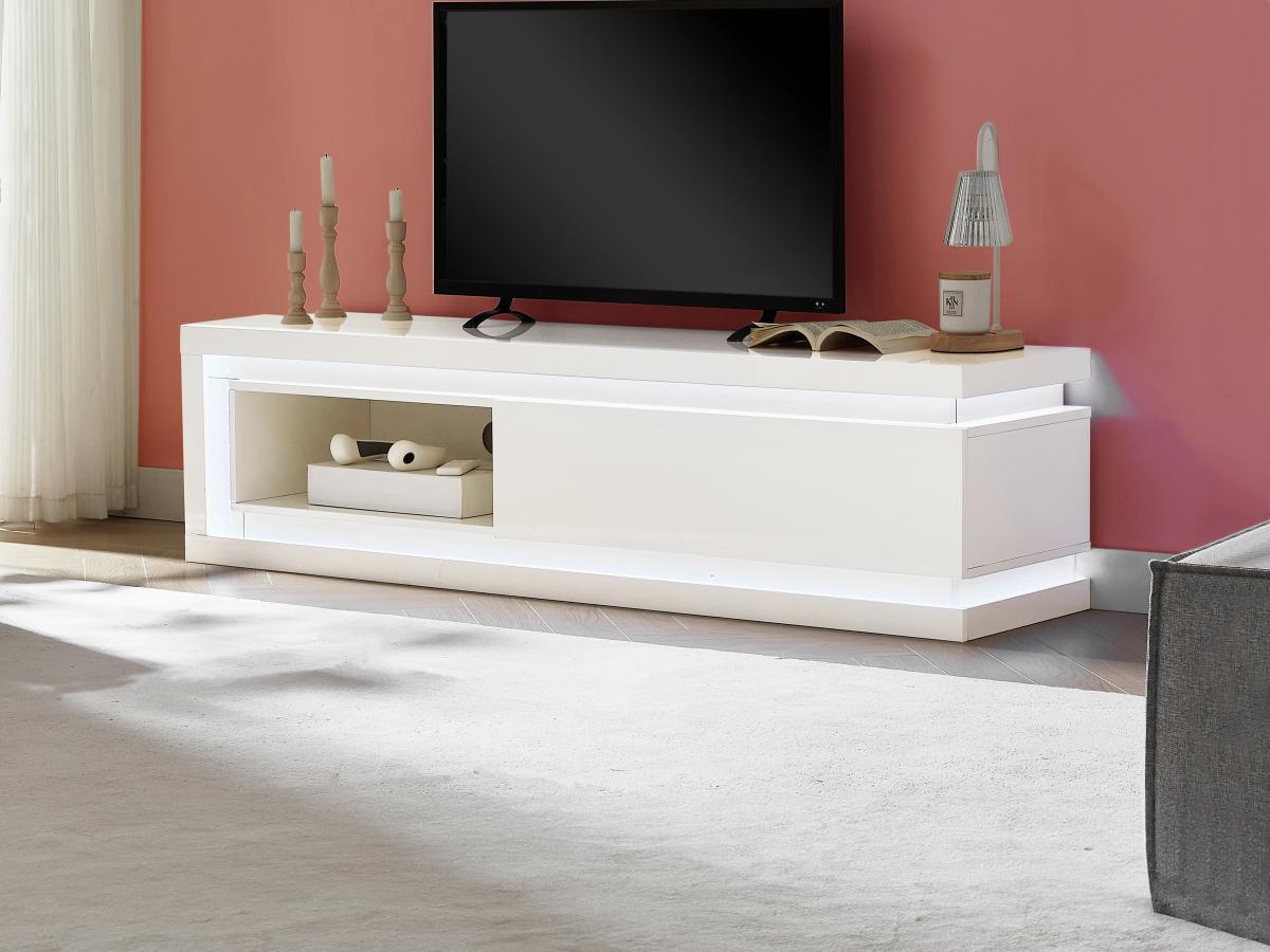 Vente-unique Meuble TV 1 tiroir et 1 niche avec LEDs en MDF - Blanc laqué - FLARANCIA  