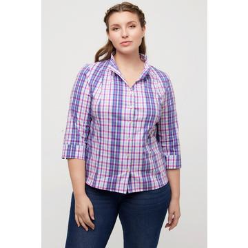 Blouse, carreaux, coupe Slim, col jabot, décolleté en V, manches 3/4