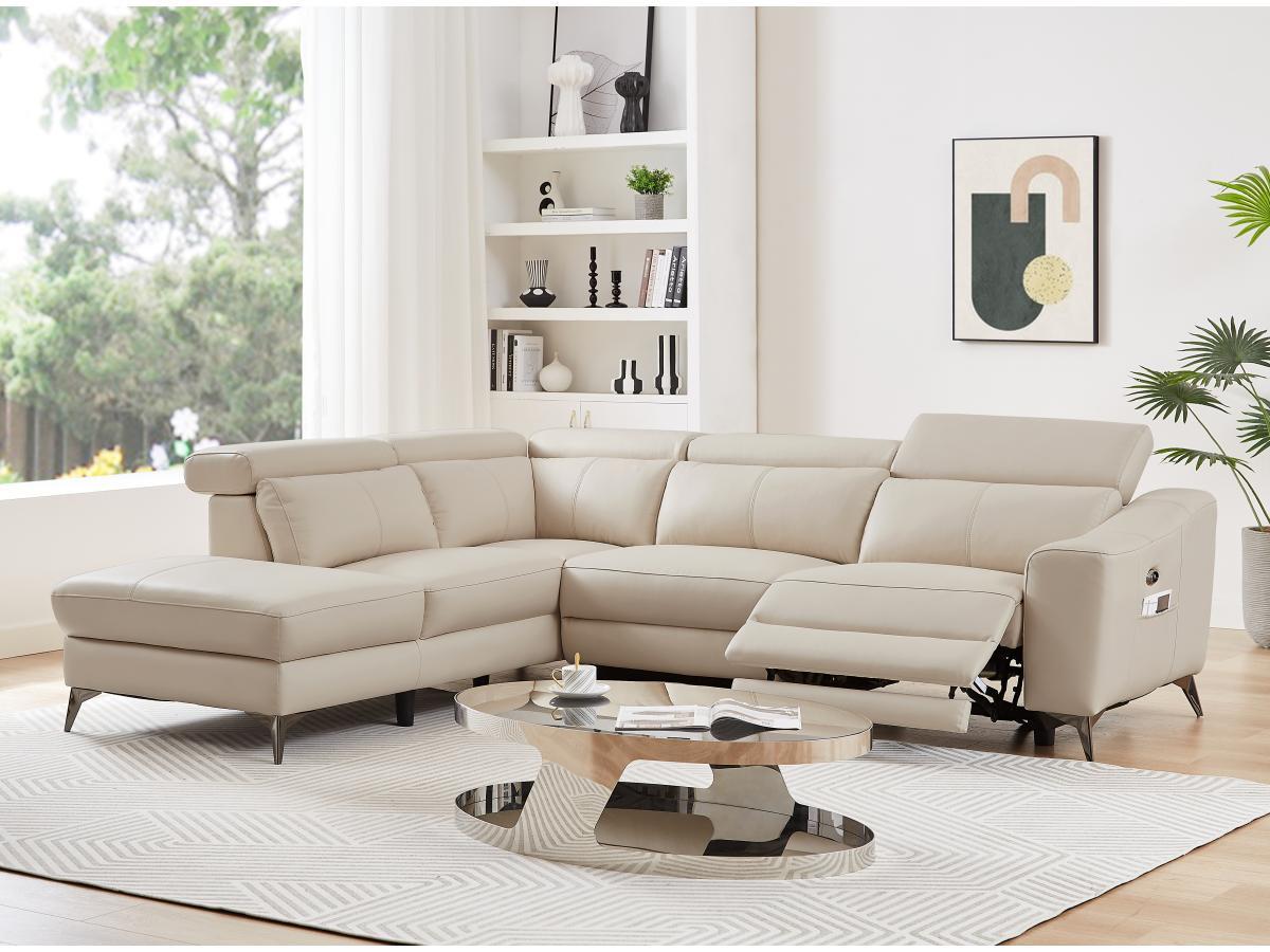 Vente-unique Ecksofa mit elektrischer Relaxfunktion - Ecke links - Leder - Cremefarben - FORLO  