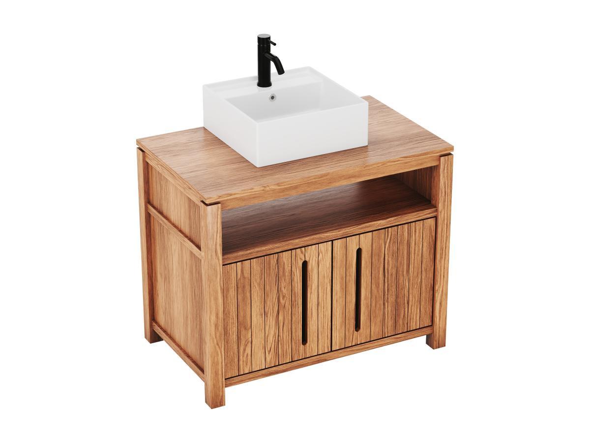 Image of Waschbeckenunterschrank mit Waschbecken - helles Teakholz - 90 cm - SARATOK Waschbeckenunterschrank mit Waschbecken - helles Teakholz - 90 cm - SARATOK