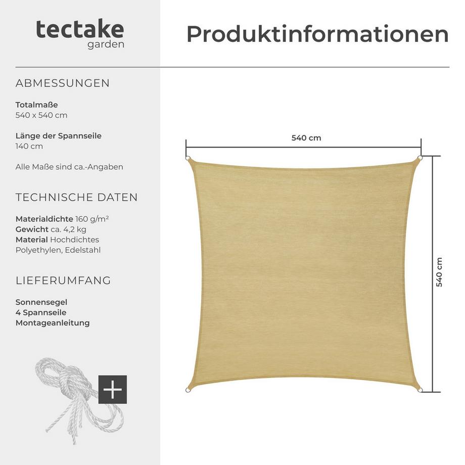 Tectake Sonnensegel  rechteckig mit UV-Schutz 50+ für Balkon, Garten und Terrasse  