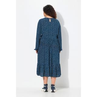 Ulla Popken  Robe midi à manches longues, décolleté en V et imprimé petits pois, coupe évasée 