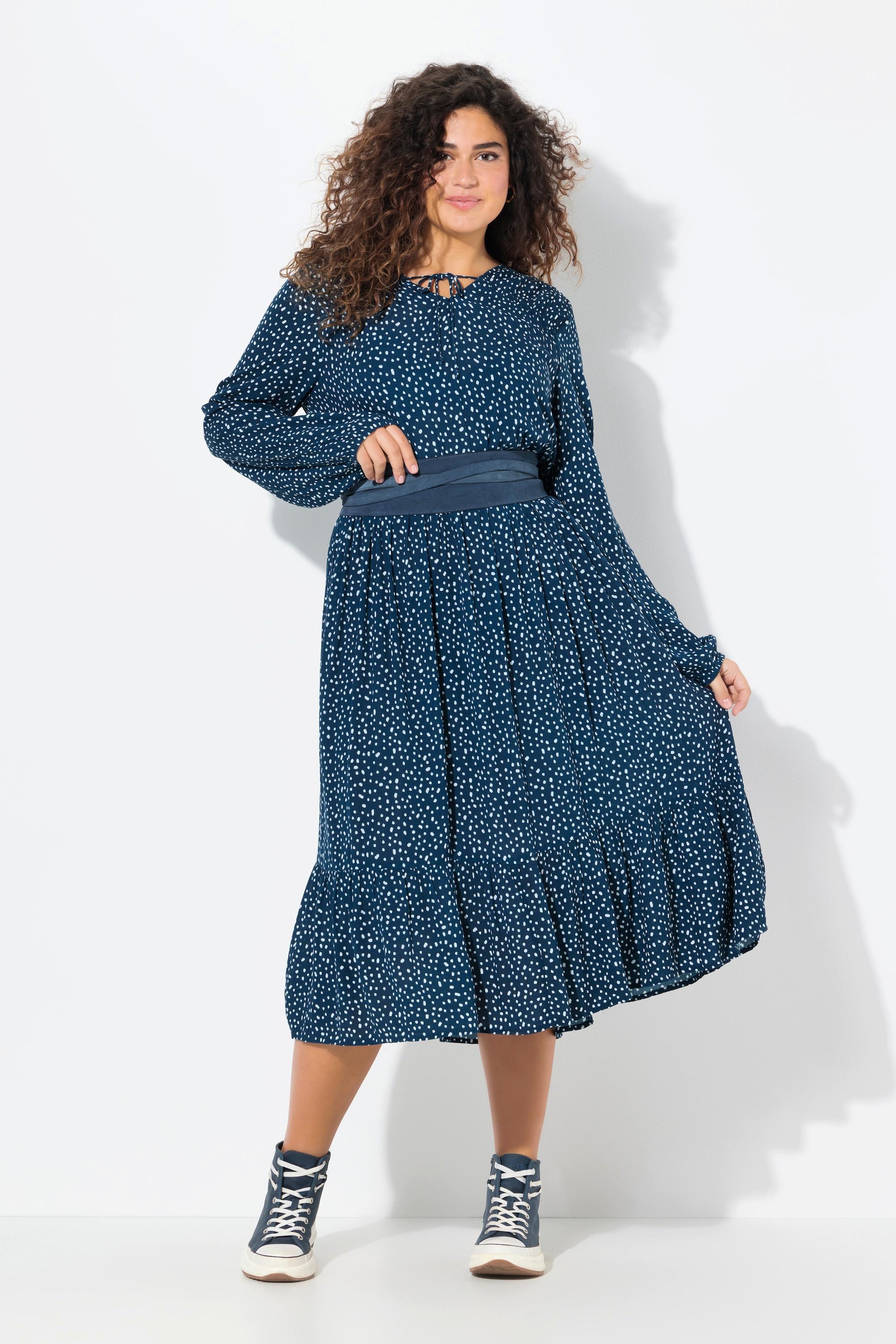 Ulla Popken  Robe midi à manches longues, décolleté en V et imprimé petits pois, coupe évasée 