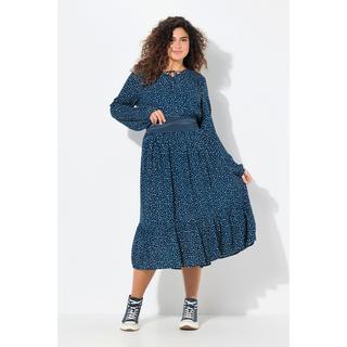 Ulla Popken  Robe midi à manches longues, décolleté en V et imprimé petits pois, coupe évasée 