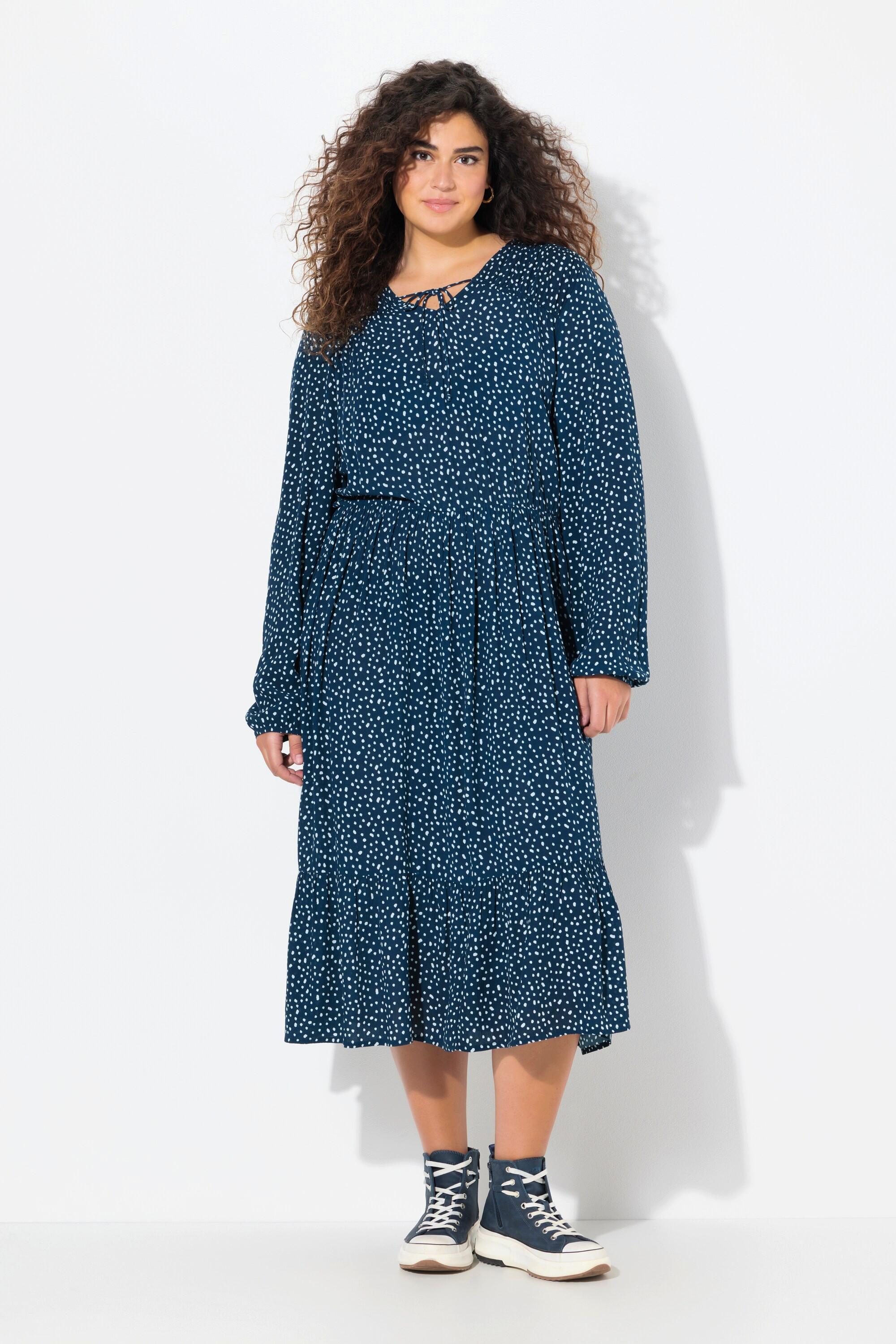 Ulla Popken  Robe midi à manches longues, décolleté en V et imprimé petits pois, coupe évasée 