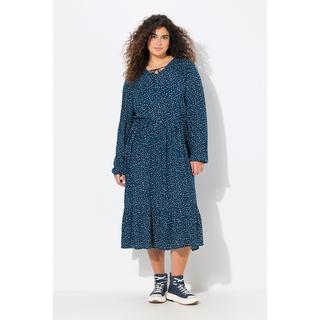 Ulla Popken  Robe midi à manches longues, décolleté en V et imprimé petits pois, coupe évasée 