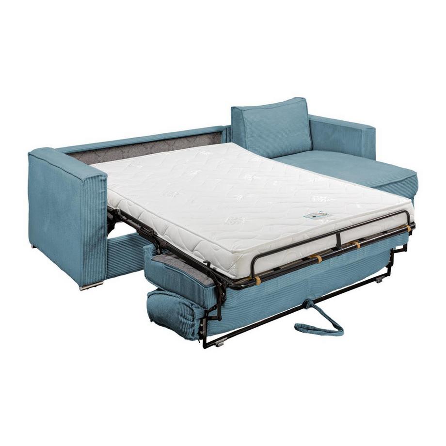 Vente-unique Eckschlafsofa mit Matratze - Ecke wechselbar - Cord - Türkisblau - Liegefläche mit Lattenrost mit breiten Latten 140 cm - Matratze 14 cm - LORETO  