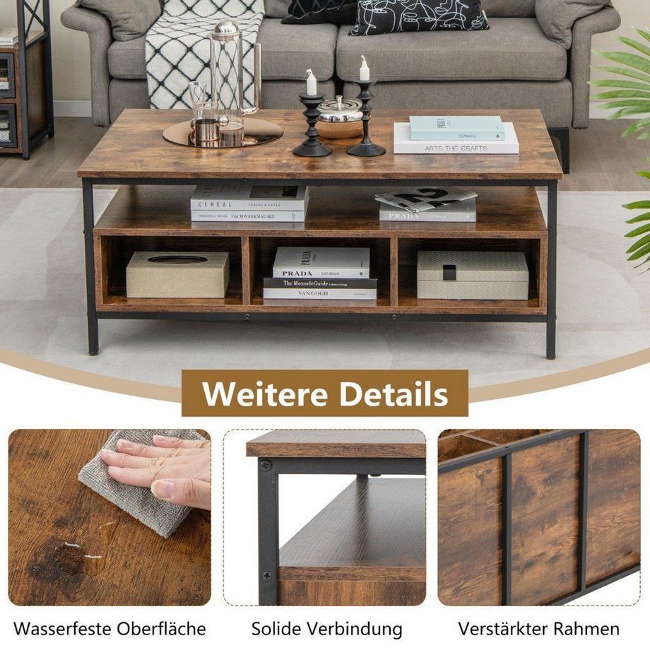 Northio Table basse de salon en bois 3 niveaux avec étagère ouverte 110 x 60 x 45 cm de style industriel  